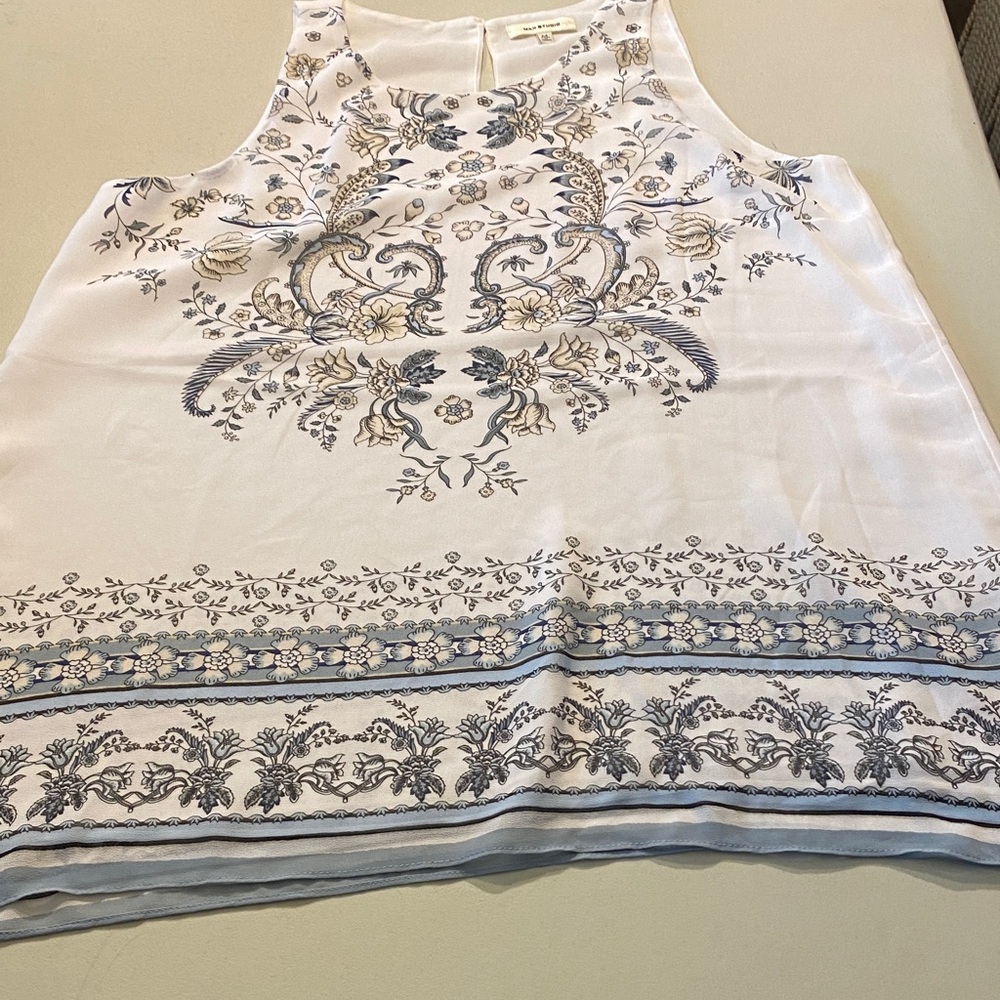 Max Studio White and Blue Embroidered Tank Top
